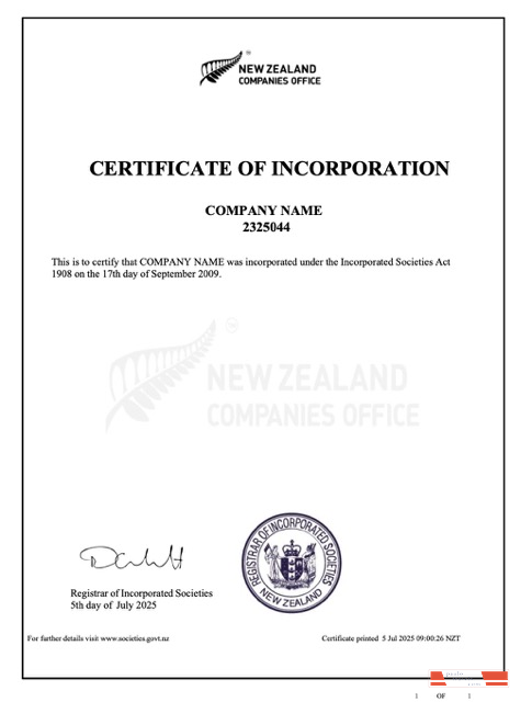 New Zealand certificate of incorporation Word and PDF template